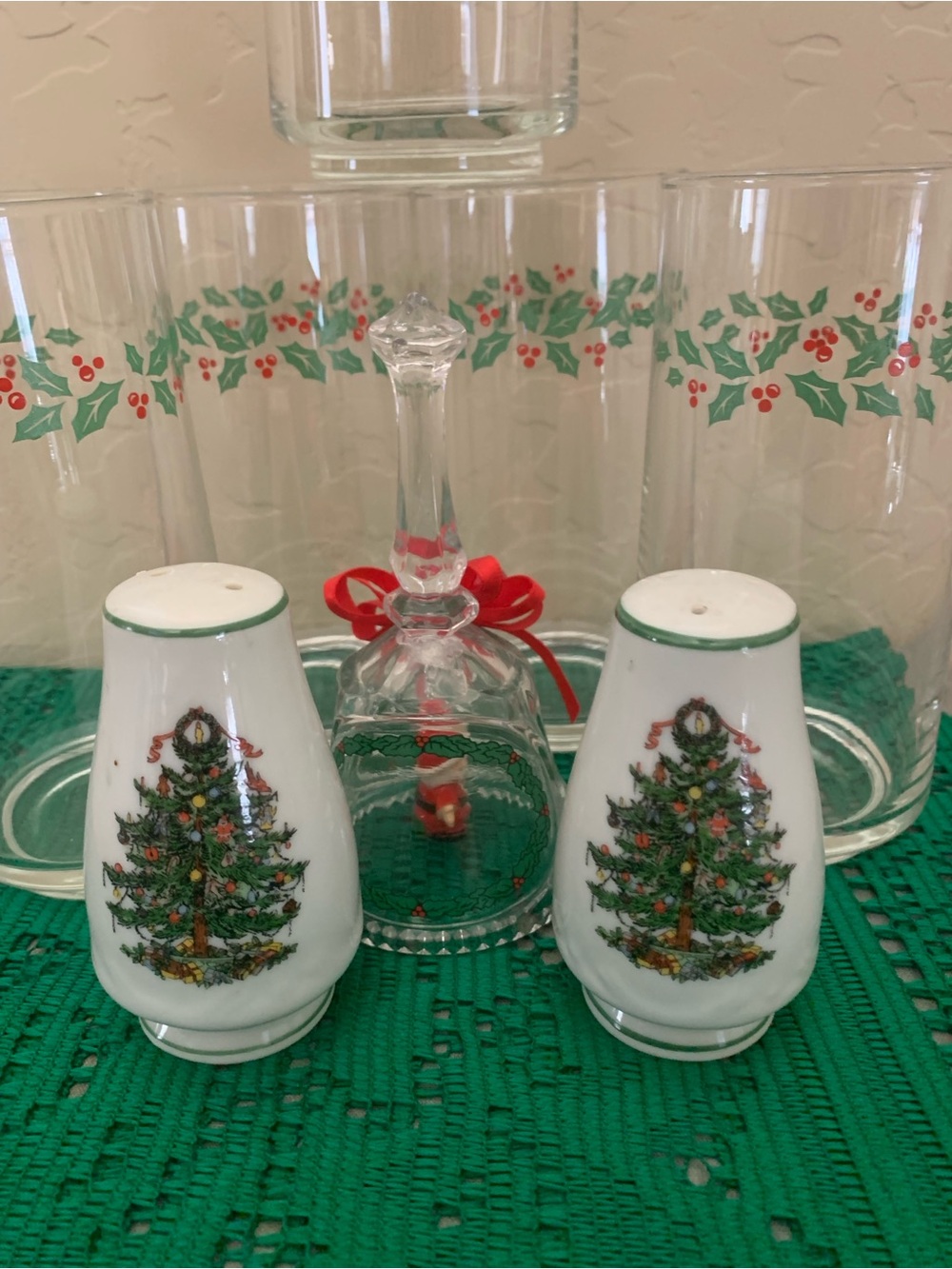 Lot of Christmas Tabletop Accessories Glasses, Salt & Pepper Shakers, Santa Bell